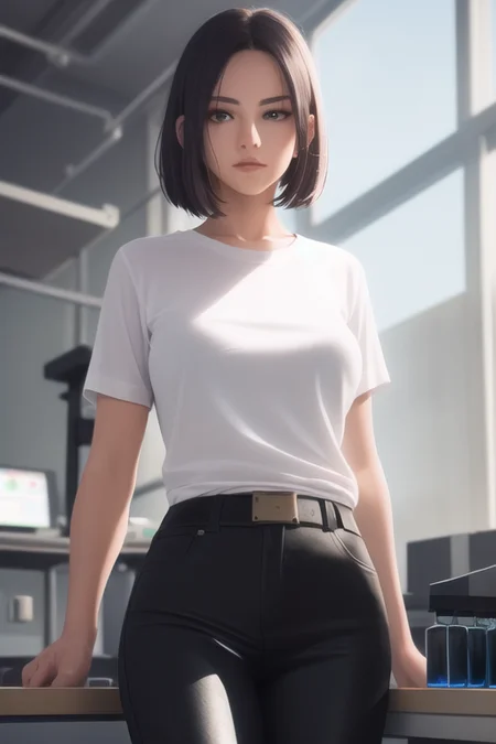 pixel-Viper with a white shirt and black pants in a laboratory, tight clothes, lab, masterpiece, photorealistic, realistic, (RAW photo, 8k uhd, film grain), caustics, subsurface scattering, dynamic shot, <hypernet:myhands_22k:0.75> <lora:viper-LoRA:0.5>