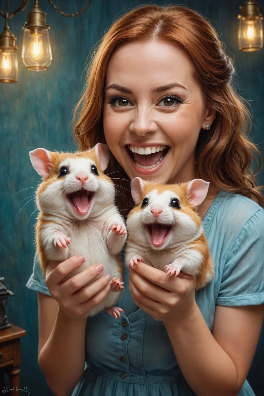 by (((Lori Earley) and Kelly Mckernan ) and Craig Thompson ) and Evgeny Lushpin, digital oil pastel on canvas<lora:oil_pastel:1.00> of a cinematic photo <lora:juggernaut_cinematic:1.00> of a cute happy woman holding up two cute hamsters while laughing maniacally laughter, dual wielding hamsters <lora:happy:0.25><lora:maniacal_laughter:1.75> <lora:dual_pistols:0.35> <lora:more_art:0.40><lora:faetastic:0.25><lora:midjourney:0.15>