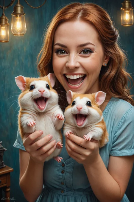 by (((Lori Earley) and  Kelly Mckernan ) and  Craig Thompson ) and Evgeny Lushpin, digital oil pastel on canvas<lora:oil_pastel:1.00> of a cinematic photo <lora:juggernaut_cinematic:1.00> of a cute happy woman holding up two cute hamsters while laughing maniacally laughter, dual wielding hamsters <lora:happy:0.25><lora:maniacal_laughter:1.75> <lora:dual_pistols:0.35> <lora:more_art:0.40><lora:faetastic:0.25><lora:midjourney:0.15>