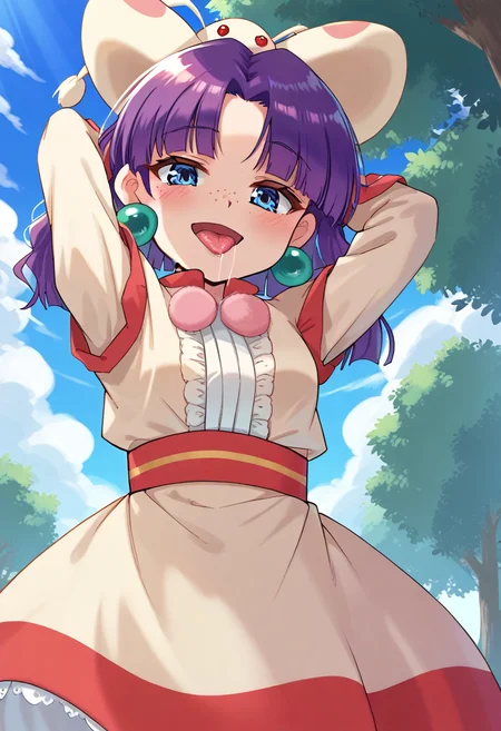 score_9, score_8_up, score_7_up, best quality, uncensored, source_anime, BREAK
1girl, solo, sue(grandia), purple hair, medium hair, hair ribbon, blue eyes, green earrings, freckles, tongue out, blush, steam, saliva, drooling, (smile, bitch, vulgarity:1), (fellamask:1),,
:q, from below, arms behind head, outdoors,
<lora:sdxl_lightning_8step_lora:1> <lora:sue(grandia)_XL(pony):1>