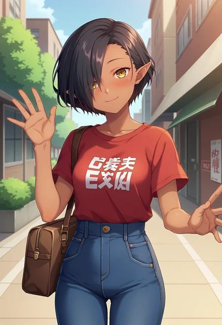 score_9, score_8_up, score_7_up, anime screencap, source_anime, 1girl, solo,
<lora:Luca_Kuroinu_V1:.85>, KJOluca, black hair, yellow eyes, pointy ears, hair over one eye, dark skin female, short hair, 
high waist jeans, t-shirt, brown bag, 
smile, waving, head tilt, blush, looking at viewer,
city, street,
(Beautiful, small Breasts:1.2),