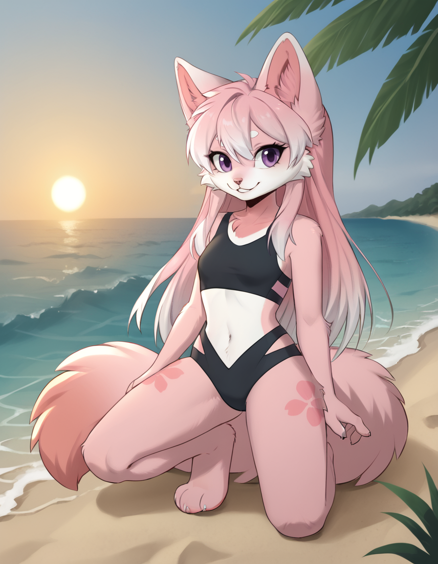 outdoors, beach, ocean, sunrise, 
full body,smile,long eyelashes,parted lips, 
swimsuit, 
<lora:Nana_v01_PDXL:1>,Nana,1girl,solo,furry female,animal ears,purple eyes,tail,long hair,pink hair,white hair multicolored hair,body fur,pink fur,two-tone fur,white fur,animal nose,animal ear fluff,