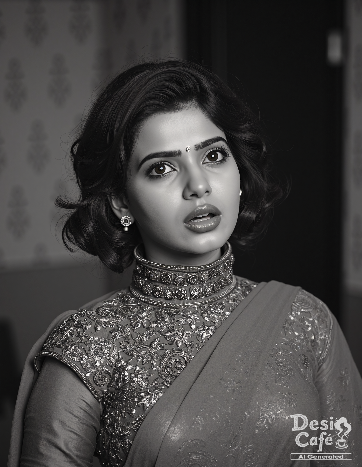 vintage greyscale photo of Samantha Ruth Prabhu woman, hyper realistic photo that is safe for work, mouth open in surprise, studio quality image, well dressed wearing intricate turtleneckMekhela Chador (Assamese traditional attire), hair styled as wispy fringe,muted shaded wallpaper background that contrasts with the person, cinematic lighting,âââââ <lora:Samantha_Ruth_Prabhu_Flux_Kohya_V1-000001:0.8>âââ