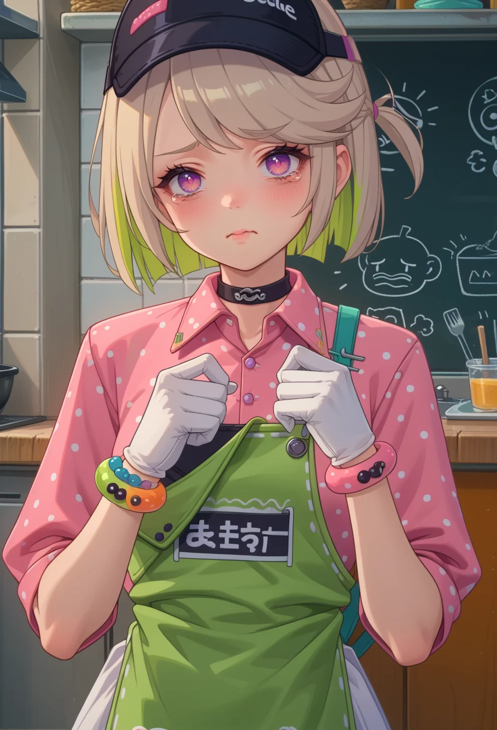 score_9, score_7_up, source_anime, BREAK   <lora:AECoco:0.8> AECoco, pink eyes, purple eyes, multicolored hair, blonde hair, green hair, swept bangs, bags under eyes, visor cap, black headwear, black choker, collared shirt, polka dot, apron, bracelet, white gloves, white skirt, 
(holding disposable cup:1.3), tearing up, wavy mouth, nervous, hands up,