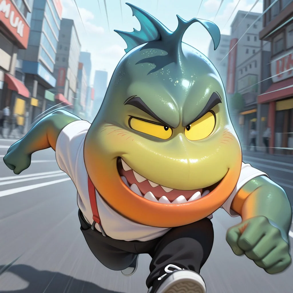 masterpiece, best quality, amazing quality, mrp1r4nha, male, furry male, anthro, solo, fish, green skin, orange skin, two-tone skin, yellow sclera, black eyes, sharp teeth, fang, fins, tailless, short, white shirt, red suspenders, black pants, black sneakers, running, arched eyebrows, smirk, open mouth, outdoors, city, motion blur, speed lines, dynamic, from above