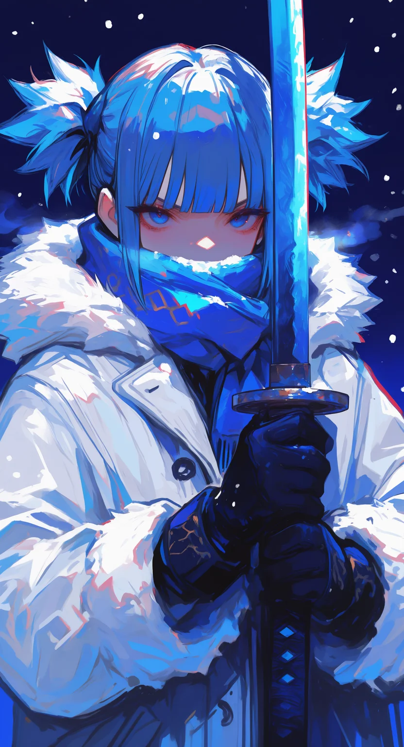 masterpiece, best quality, good quality, very awa, very aesthetic, absurdres, newest,1girl, solo, looking at viewer, blue eyes, gloves, holding, twintails, blue hair, jacket, upper body, weapon, black gloves, sword, blunt bangs, holding weapon, scarf, coat, v-shaped eyebrows, fur trim, blue background, holding sword, katana, short twintails, sheath, snow, snowing, fur-trimmed jacket, covered mouth, winter clothes, blue scarf, Protoneon <lora:ponyv6_noobV1_2_adamW-000017:0.7> <lora:USNR_STYLE_XL_lokr:0.45> <lora:745cmSDXLvpred75S:0.8> <lora:Protoneon-05:0.7>