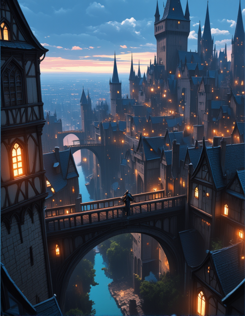<lora:MW_Minis02flux:1> m1md, animation, medieval, epic, epic details, epic scale, absurdres, outdoors, closeup, arches, medieval city, medieval windows, bokeh, knight guard, on a bridge from side, illuminated windows, lights,