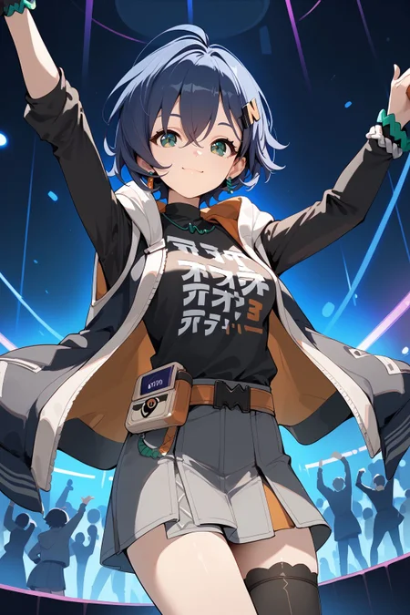 score_9, score_8_up, score_7_up, source_anime, 8k hd, uncesored, 1girl, Belle_(Zenless_Zone_Zero), green eyes, blue hair, short hair, ahoge, medium breasts, hair ornament, earrings, black shirt, open jacket, single thighhigh, grey skirt, shirt tucked in, belt, hood down, single glove, clothes writing, nightclub, dancing, happy, 
<lora:ZenlessZoneZero_Belle_ShadowxArt:0.8>