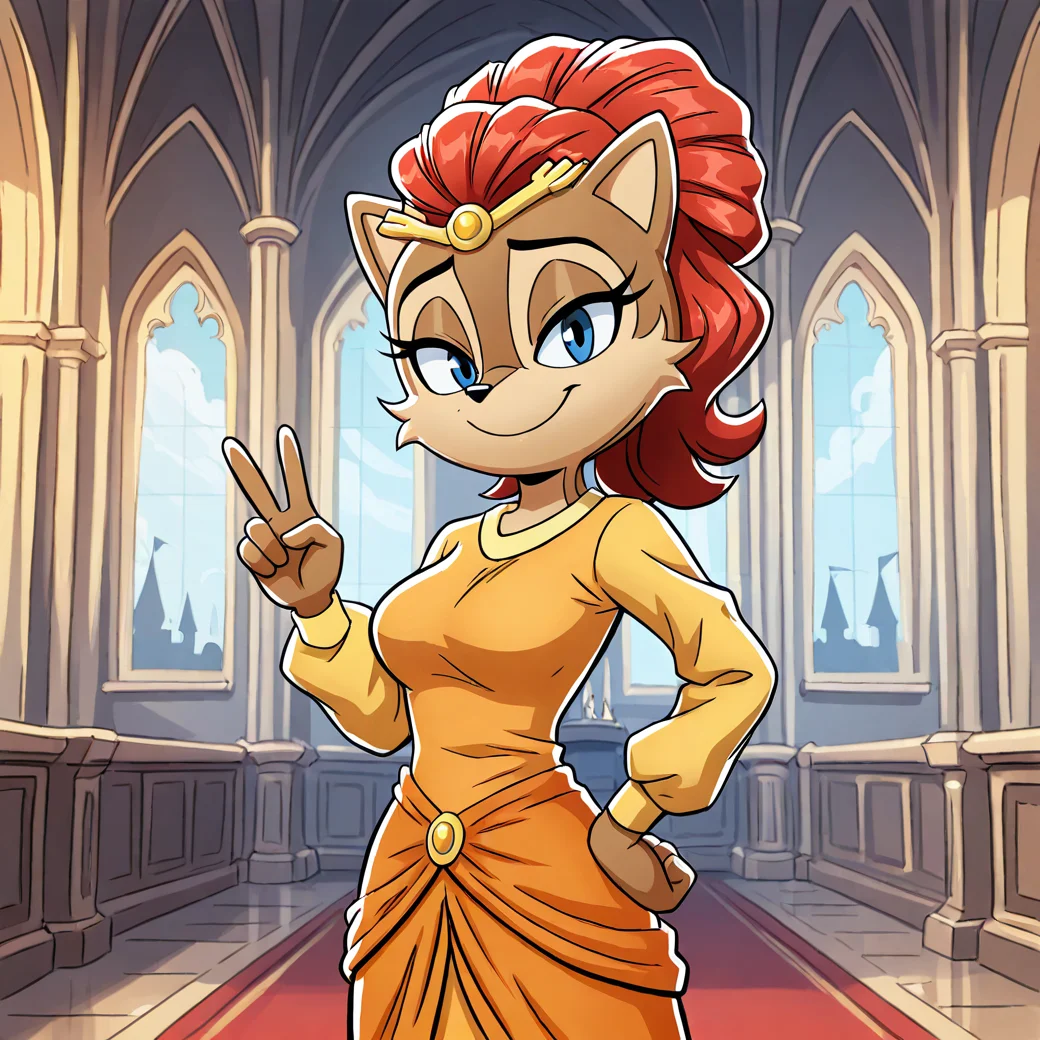 (masterpiece), (best quality), (ultra-detailed), amazing quality, very aesthetic, illustration, perfect composition, intricate details, absurdres, incredibly absurdres, <lora:alicia_acorn_illustrious:1>, aliciaacorn, 1girl, solo, orange dress, looking at viewer, breasts, smile, ponytail, one hand on hip, v, body fur, brown fur, two tone fur, red hair, blue eyes, furry female, indoors, long sleeves, indoor of castle, tiara,