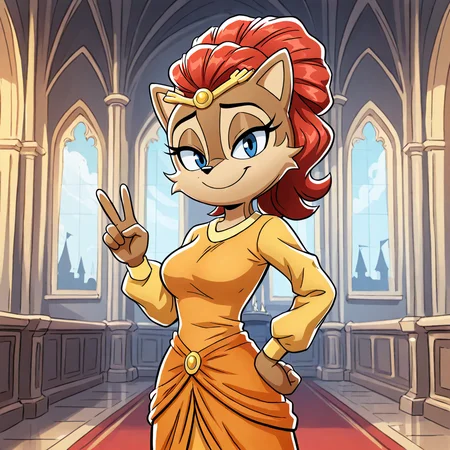 (masterpiece), (best quality), (ultra-detailed), amazing quality, very aesthetic, illustration, perfect composition, intricate details, absurdres, incredibly absurdres, <lora:alicia_acorn_illustrious:1>, aliciaacorn, 1girl, solo, orange dress, looking at viewer, breasts, smile, ponytail, one hand on hip, v, body fur, brown fur, two tone fur, red hair, blue eyes, furry female, indoors, long sleeves, indoor of castle, tiara,