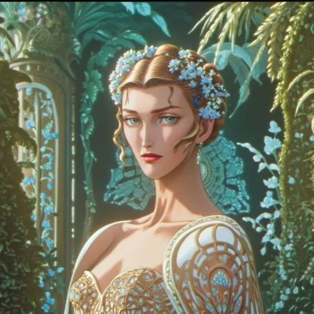 portrait of a beautiful karlie kloss who is a fashion model surrounded of flowers from another planet, translucent plants, Andrey Remnev, Bridget Bate Tichenor, rococo, god light, cinematic, 35mm, 8k, fantasy, many details, much lightful, dream-like, masterpiece, detailed face, fantasy art, majestic, elegant, ornate, appealing, hypermaximalist, paradise, award winning photography, no watermark, trending on artstation --v 5