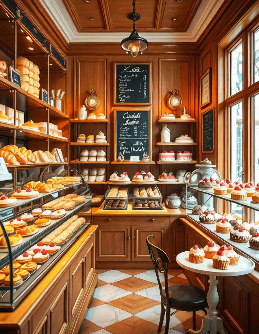 A beautifully designed, elegant pastry shop with a luxurious European-inspired aesthetic. The interior features intricate moldings, high ceilings, and large arched windows that allow natural daylight to stream in, casting a soft glow over the polished marble floors. The walls are adorned with pastel-colored wallpaper, delicate gold accents, and vintage-style framed paintings of pastries and tea sets.
The centerpiece of the shop is a long glass display case filled with an exquisite assortment of pastries, including colorful macarons, delicate éclairs, fruit tarts with glistening glaze, and elegantly decorated cakes with intricate sugar flowers. Behind the counter, shelves lined with neatly arranged boxes of artisanal chocolates, fine teas, and jars of homemade jam add to the refined atmosphere. Crystal chandeliers hang from the ceiling, casting a warm golden light that reflects off the glass surfaces.
Small round tables with marble tops and wrought iron chairs are arranged neatly throughout the space, each set with fine porcelain teacups and decorative napkins. A large antique-style clock hangs on the wall above a wooden shelving unit filled with fresh baguettes and croissants resting in woven baskets. The air is filled with the inviting scent of fresh-baked pastries, vanilla, and rich espresso.
In the background, a grand espresso machine with polished brass fittings sits atop a marble counter, next to a beautifully arranged tiered cake stand displaying freshly made confections. A large, arched doorway with a carved wooden frame leads to a cozy back room with additional seating and a vintage-style menu board showcasing the shop's specialties written in elegant calligraphy. The entire setting evokes a sense of refinement, charm, and indulgence, with a warm and welcoming ambiance.
<lora:SDXLFaeTastic2400:0.4> <lora:extremely_detailed:0.4> extremely detailed, <lora:elegant_p4stry_sh0p_illus:1>,elegant p4stry sh0p, Masterpiece,best quality,hi res,8k,hi res,8k,award winning,(sharp focus, intricate, highly detailed),