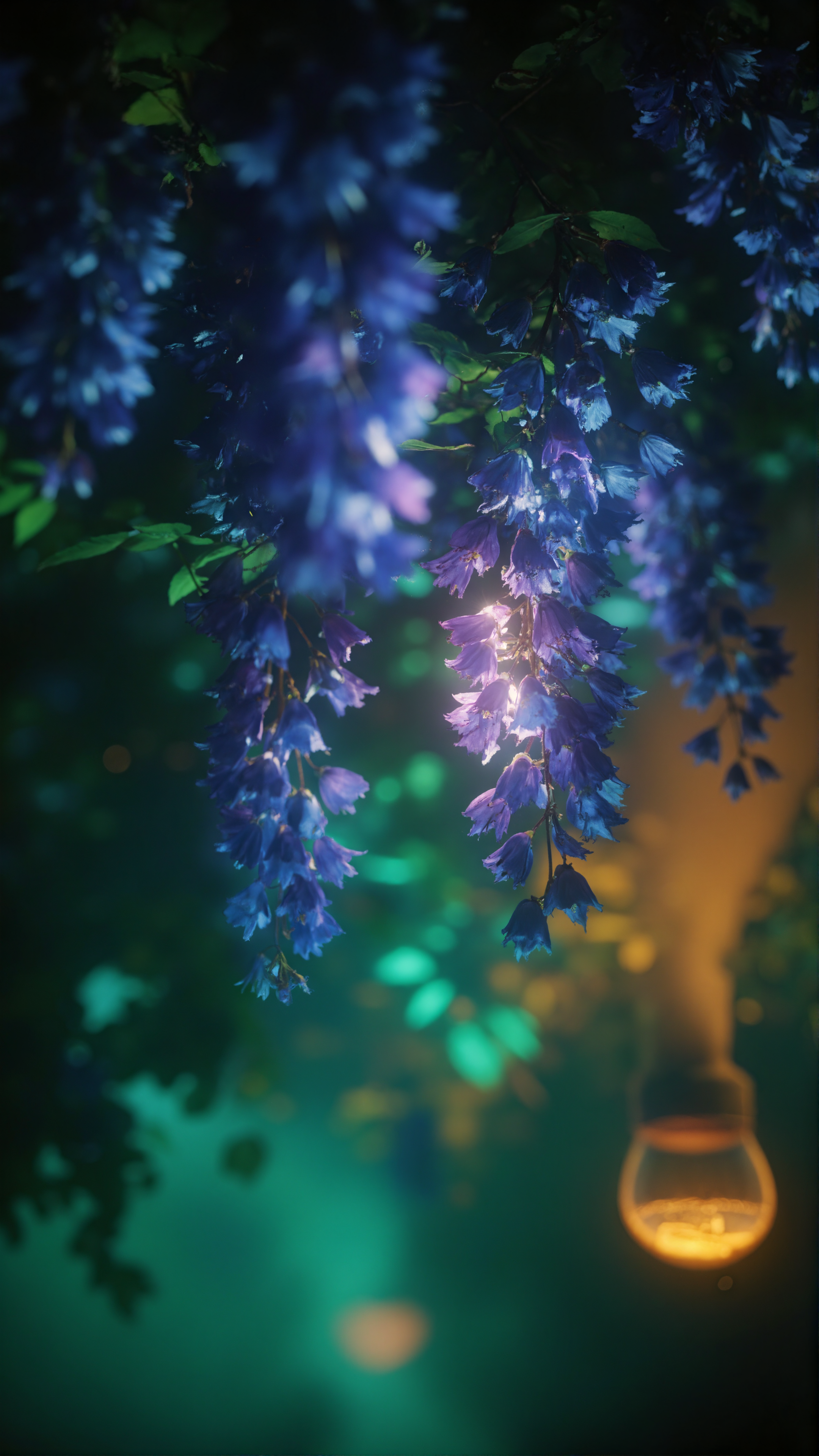 Photorealistic macro photography, capturing swirling, luminous forms reminiscent of a lava lamp, but composed of blooming Wisteria blossoms. The blossoms cascade through a deep indigo and emerald green environment, illuminated by soft, diffused golden light. Delicate petals drift and intertwine, creating a sense of tranquil motion and otherworldly beauty. The composition utilizes the rule of thirds, with a shallow depth of field emphasizing the foreground blossoms against a softly blurred background, evoking a dreamy, nostalgic atmosphere.