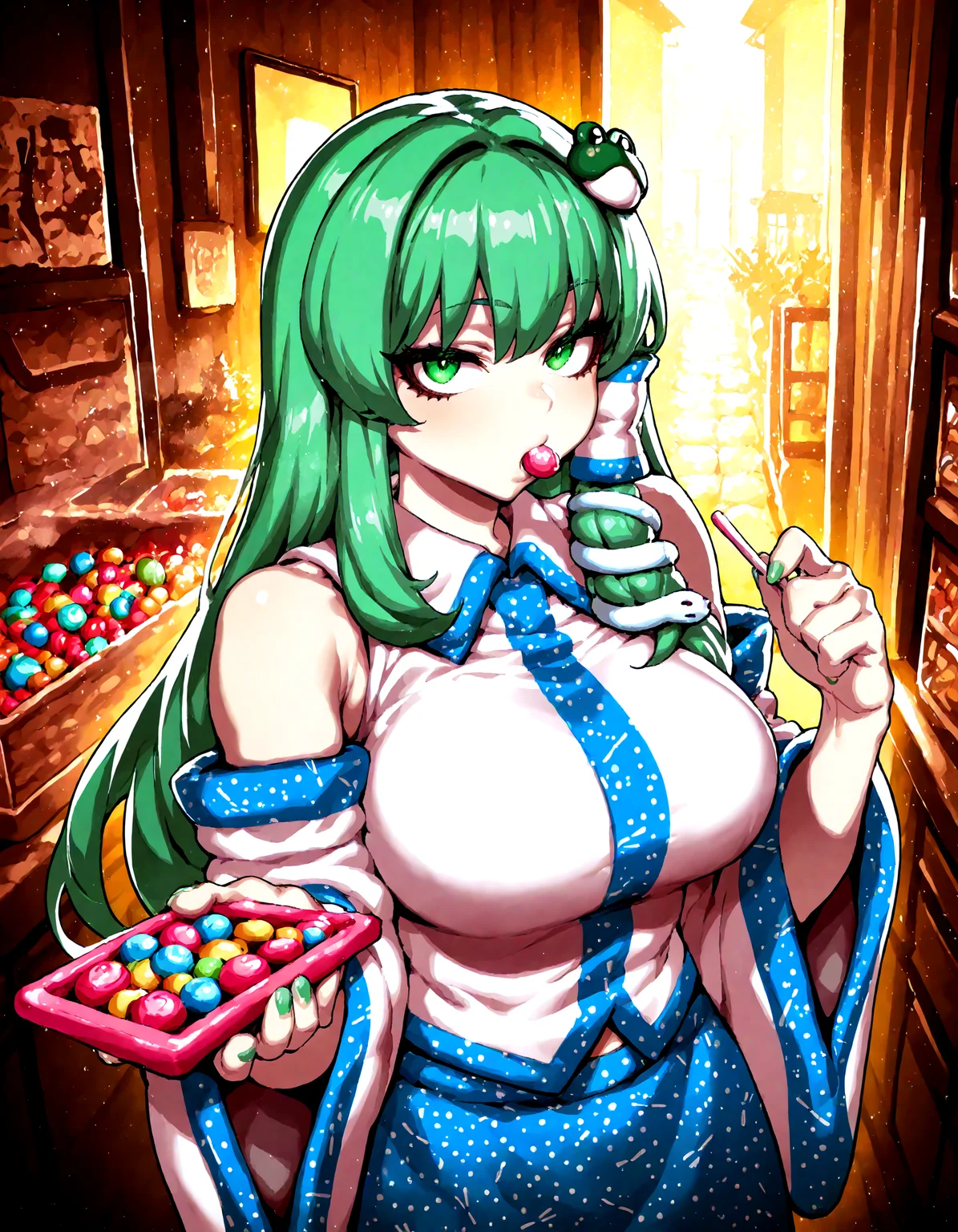1girl , kochiya_sanae , CHRC4ND7, candy, detailed background,
,Fishine, dekosukentr, ireading:0.7,
ï¼masterpiece, best quality, newest, absurdres, highres,
<lora:illustrious_noobai_epsilon_pred_1_best_quality_v1:0.4> ,<lora:illustrious_noobai_epsilon_pred_1_masterpieces_v1:0.4>, <lora:illustrious_noobai_epsilon_pred_11_very_aesthetic_v1:0.4>, <lora:ponyv5_noobV065S_1_adamW:0.6>, <lora:add-detail-xl:0.4>, <lora:GEN(illust) 0.2v:0.6>,<lora:cfg_scale_boost:0.4>, <lora:Christmas_Candy:1>