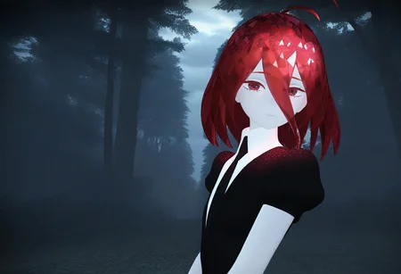 masterpiece, best quality, solo, looking at viewer, <lora:left4dead2-Style-illus_Fp:1>, 3d, cloudy sky, gameplay mechanics, night, forest, 1other, cinnabar (houseki no kuni), medium hair, red hair, crystal hair, gem uniform (houseki no kuni), mercury (element), from side,