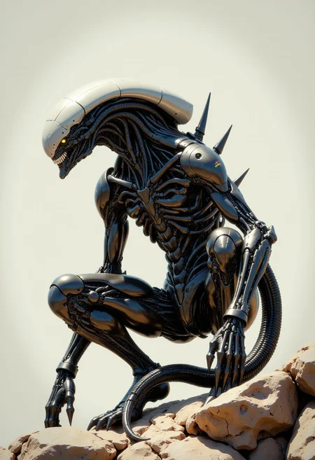a highly detailed CGI image depicting a futuristic, humanoid alien creature resembling the Xenomorph from the "Alien" film series. The creature is crouched on a rocky surface, with its body angled towards the viewer, showcasing its muscular, sleek, and menacing physique. Its head is large and elongated, with a smooth, glossy, pale grey exoskeleton, and a pair of sharp, glowing green eyes. The body is covered in intricate, mechanical details with black and silver accents, giving it a high-tech, cybernetic appearance. The tail is long, segmented, and coiled tightly. The background is a plain, light grey, making the creature the focal point. The image is highly realistic, with a focus on textures and lighting that emphasize the creature's menacing and alien nature. The camera angle is slightly below eye level, enhancing the creature's imposing presence. articyborg, in the style of artics