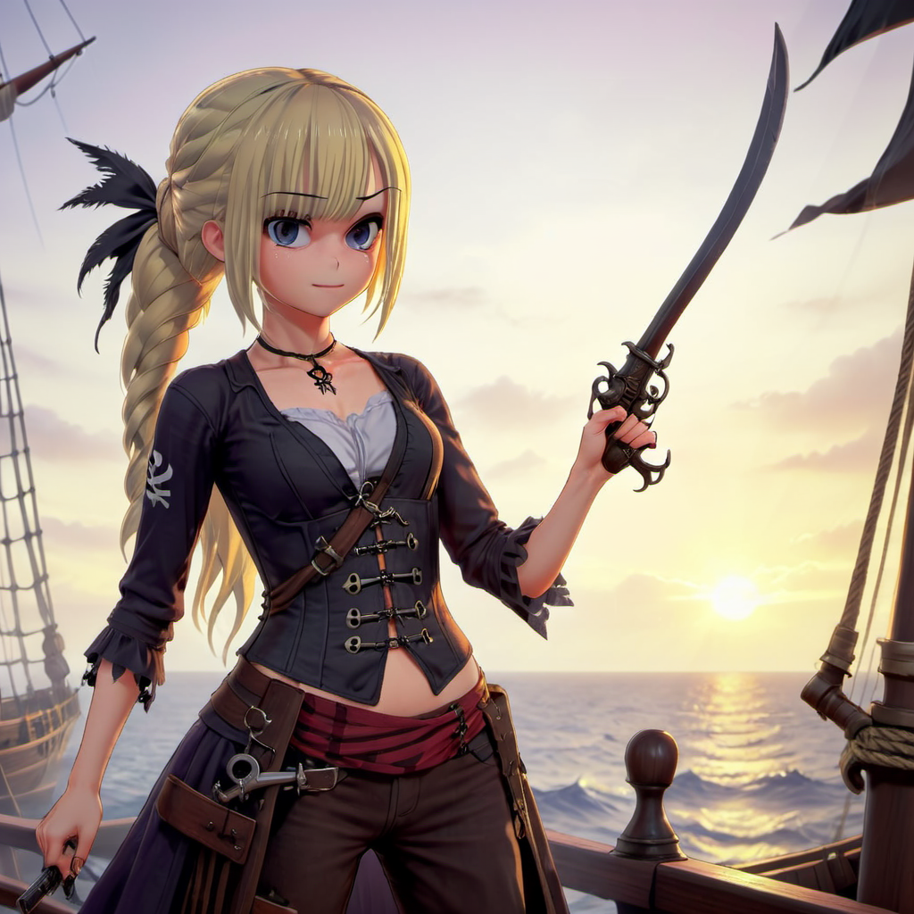 Ayane Amamiya, ((npasto style)) (inkpunk) style illustration of a full body shot, cinematic film still of strybk, a cute teenage  female, dressed as a pirate, blonde hair, very long hair, long braid, ( sadistic smile:1.1),  glint eyes, predatory look, fantasy, holding a cutlass, holding old pistol, cartoon,  sunset, a large pirate ship with a pirate flag in the background,  <lora:Ayane_Amamiya:1>, <lora:sdxl_lora_pirate2:1>