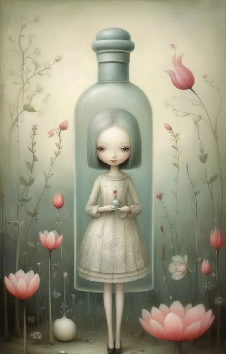 masterpiece,best quality,<lora:tbh340-sdxl:0.75>,illustration,style of Nicoletta Ceccoli, A bottle of perfume in garden