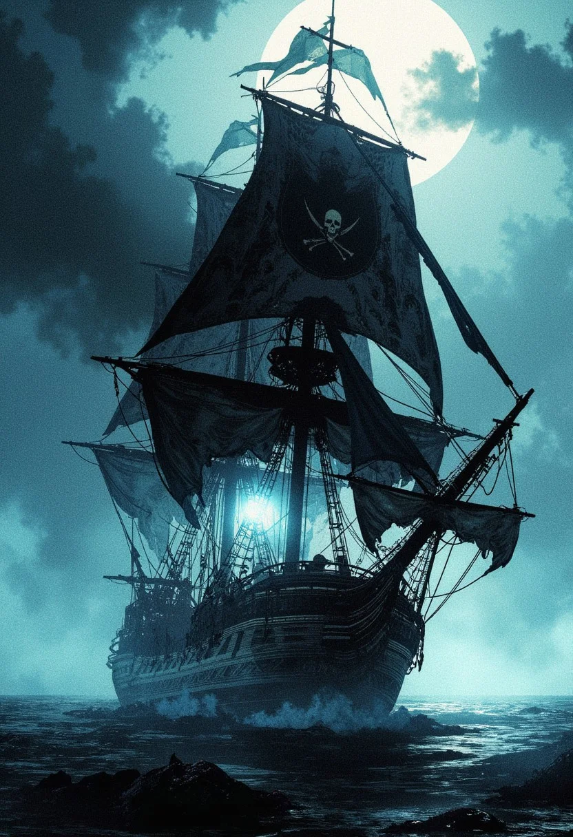 Abstract digital painting in the style of ck-js, silhouette art, masterpiece, a pirate ghost ship, tattered rigging, tattered black sails, jolly roger flag, materialises from the mist in the darkness, HD32K, wallpaper, hyperdetailed
