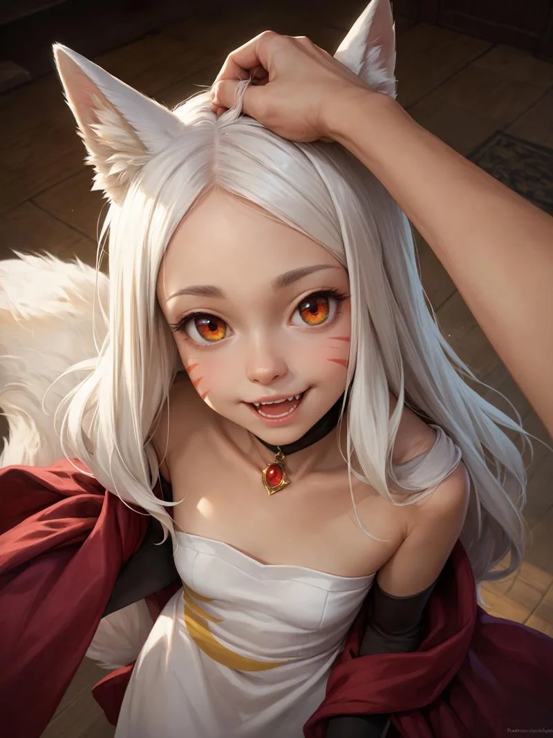 score_9, score_8_up, score_7_up, score_6_up, score_5_up, score_4_up, realistic,
1girl, shiro <lora:shiro_(senko-san)-PD-1.0:1>, from above, upper body, (pov headpat), fluffy tail, tail up, open mouth, white dress, crescent, red shawl