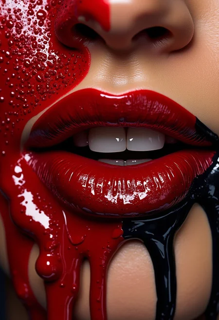 bv-colpaidri. A high-resolution image of a woman's biting her lip, painted in vibrant red and black, colpaidri, paint, colorful, dripping, BNR, BNR style
