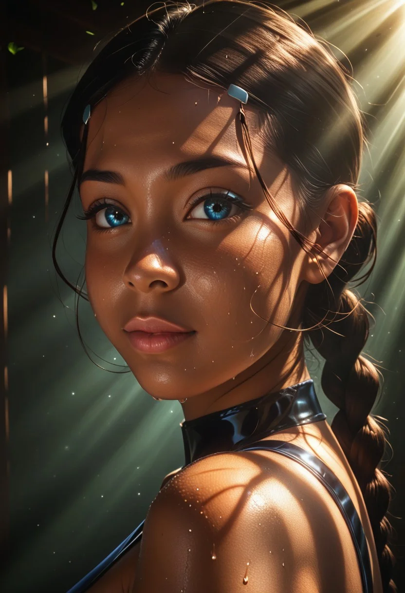 score_9, score_8_up, score_7_up, realistic, realism, HD, perfect quality, 16k, very detailed, realistic lighting, photo, photorealistic, realistic detailed face, BREAK, (((good_hands))), (((bedroom eyes, (light smile:0.5)))), BREAK, solo, (katara, long hair, blue eyes, brown hair, black hair, hair ornament, hairclip, braid, single braid, braided ponytail, dark skin, dark-skinned female), eye_focus, solo, looking_at_viewer, ((sweaty skin:1.3)), lips, mint eyeshadow, sensual eyes, looking at viewer, nervous, seductive, medium body size, slightly small neck, plumb body, voluptuous hips and thighs, curvy body size, huge breasts, wide hips, microwaist, huge ass, nooganugnugs, perfect thighs, perfect legs, anatomically correct, (obese female: -1.5), (plump saggy breasts:0.5), pink nipples, (((metalic latex dressed, covered breasts, covered nipples))), BREAK, (from side:1.5). cute perky nose, tan skin,natural skin texture, (round face:1.2), skinny body, round ass, narrow waist, gluteal fold, garter belt, (stockings,skindentation). standing, rear view, (from below), leaning foward, butt sticking out, showing ass, big ass, curvy, looking at viewer, BREAK cinematic shot, dynamic lighting, detailed background, dynamic angle, volumetric lighting, ultra realistic, film grain, gods rays