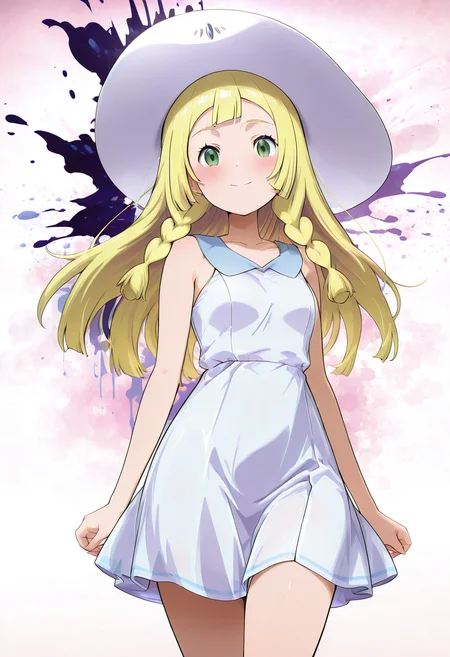 (masterpiece, best quality, good quality, very aesthetic, absurdres, newest:1.2), medium breasts, (curvy), BREAK, zzLillie, long hair, braid, sun hat, white headwear, collarbone, sleeveless dress, white dress, <lora:LilliePokemon_NAI:1.0>,smile, looking at viewer, cowboy shot, paint splatter , <lora:ClrSplsh_NAI:1.0>,