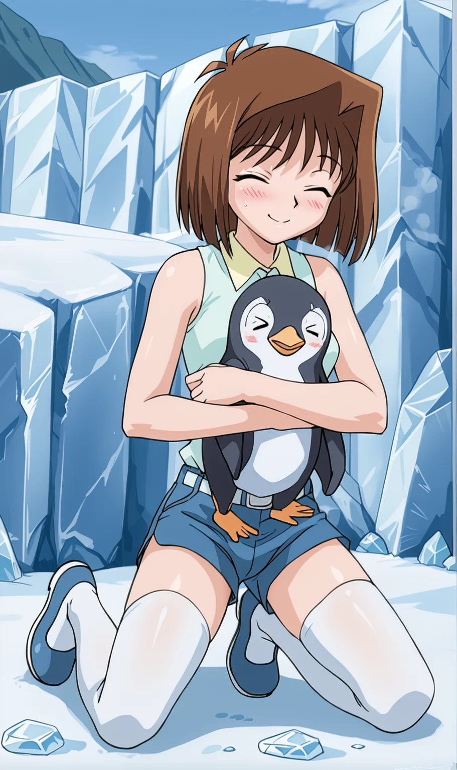 TG, 1girl, solo, brown hair, short hair, closed eyes, light blue sleeveless shirt, belt, blue shorts, white thighhighs, blue shoes, cold, ice, glaciers, outdoors, kneeling, hugging giant penguin, blush, smile, <lora:Tea Gardner Pony XL:0.8>