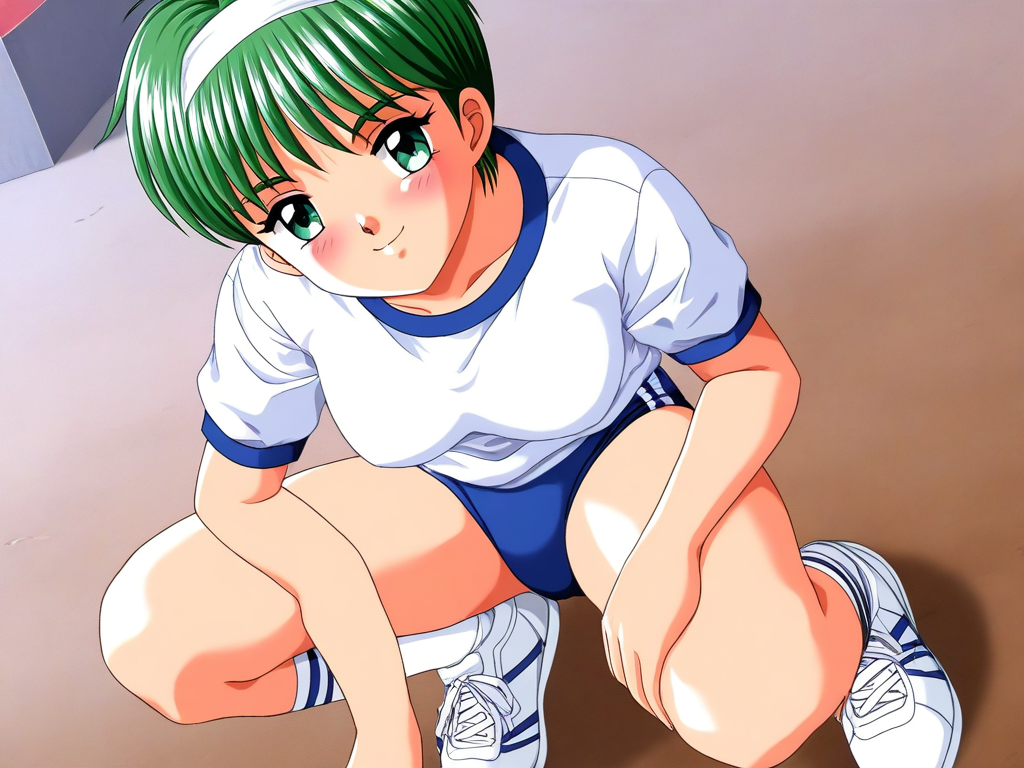 general,highres, ultra-detailed,very aesthetic,best quality ,best hands, BREAK <lora:Kiyokawa_Nozomi_Tokimeki_Memorial_IS:1>
Kiyokawa_Nozomi(Tokimeki_Memorial), 1girl, solo, green hair, short hair, green eyes, bangs, medium breasts,
gym uniform, hairband, buruma, smile, sneakers, blush,squat,
 blue buruma, shoes, looking at viewer,