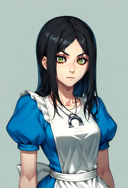 score_9, score_8_up, score_7_up, source_anime, 1girl, <lora:americanmcgee_alice_ponyXL:1> mcgeealice, blue dress, puffy short sleeves, white apron, necklace, <lora:zs_ZeroAzurePortraitsXL:1> zeroazureportraits, solo, upper body, simple background