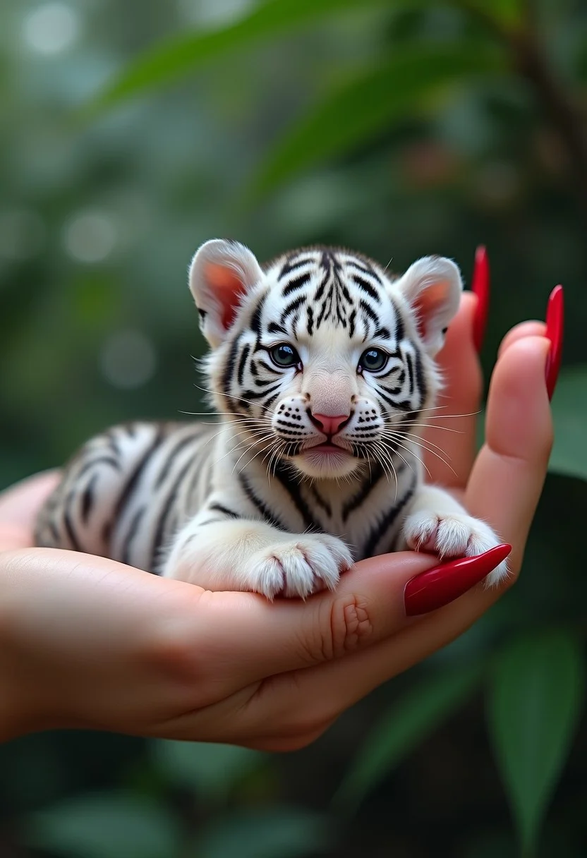A cute, very very small baby tiger with unicorn colors, lying in the hand of a woman with long red nails, high detailed jungle background
