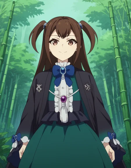 score_9, score_8_up, score_7_up, source_anime, <lora:kizuna-kazayama-s2-ponyxl-lora-nochekaiser:1>, kizuna kazayama, long hair, brown hair, brown eyes, two side up,, long sleeves, dress, bow, frills, wide sleeves, bowtie, cape, blue bow, brooch, green dress, black cape,, bamboo forest, bamboo, trees, dense, wildlife, , <lora:seductive-smile-ponyxl-lora-nochekaiser:1>, seductive smile, come hither, naughty face,, looking at viewer, solo,, dutch angle, cowboy shot