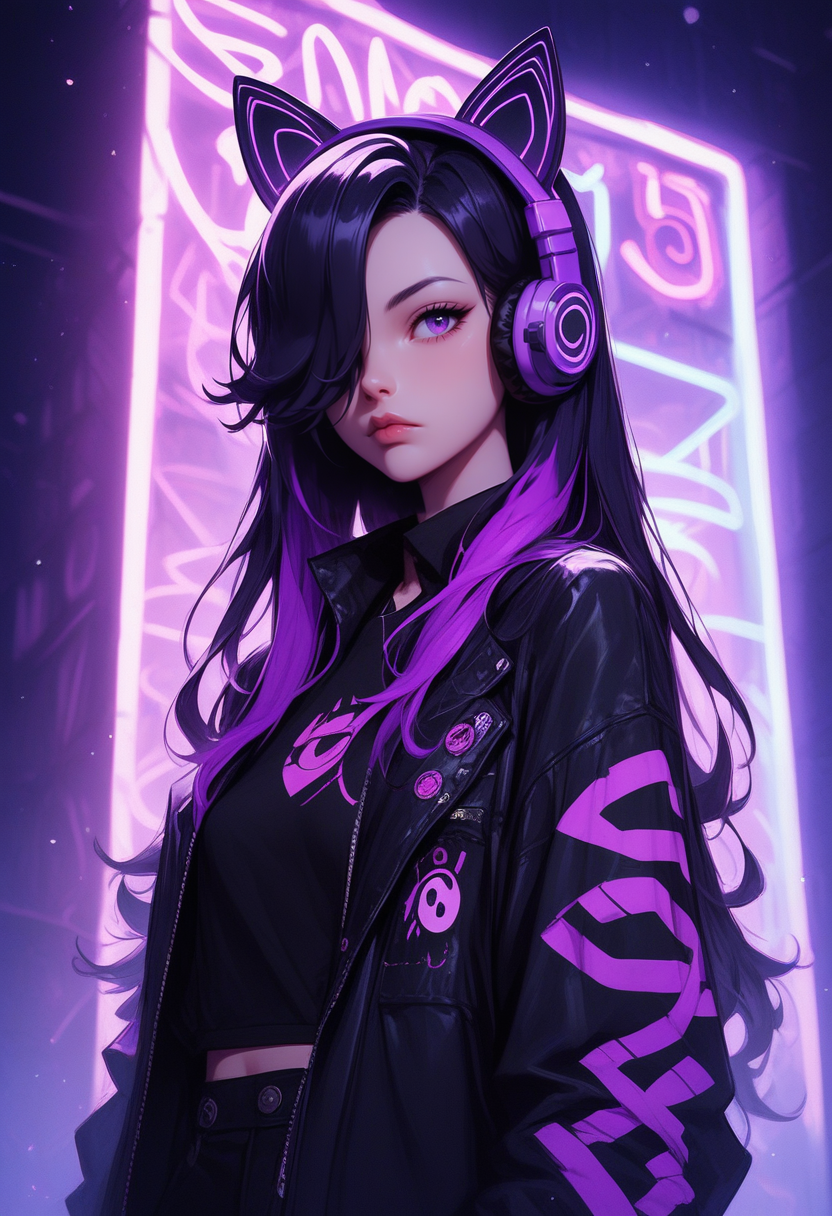 score_9, score_8_up, score_7_up, score_6_up,  1girl, solo, black hair, purple hair,multi color hair,long hair, fake cat ears, headphones, wild hair,outside,night city, neon lights, black clothing, open clothes, closed mouth, purple clothing,hair over one eye, purple eyes, <lora:add-detail-xl:0.4> , <lora:[GP] somethingweird [Pony XL]:0.2>, <lora:g0th1cPXL:0.3>, <lora:Goth_girl_XL-v2:0.8> ,<lora:st4t1ctvXLP:0.8>