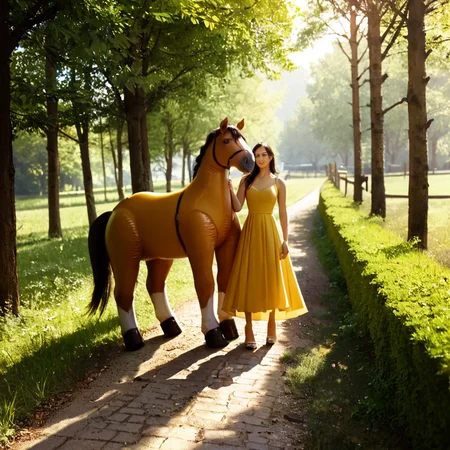 score_9, score_8_up, score_7_up, rating_safe, outdoors, iw horse, riding, woman, yellow dress, beautiful