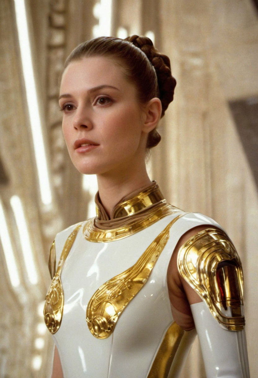 byClarice Beckett, (latex , star wars style but extremely beautiful:1.4), (intricate details, masterpiece, best quality:1.4) ,
Star wars movie style, movie still, dynamic, highly detailed, reminiscent of Star wars movies, , looking at viewer, wearing a white and golden mini dress, profile view