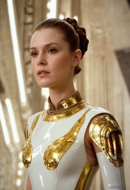 byClarice Beckett, (latex , star wars style but extremely beautiful:1.4), (intricate details, masterpiece, best quality:1.4) ,
Star wars movie style, movie still, dynamic, highly detailed, reminiscent of Star wars movies, , looking at viewer, wearing a white and golden mini dress, profile view