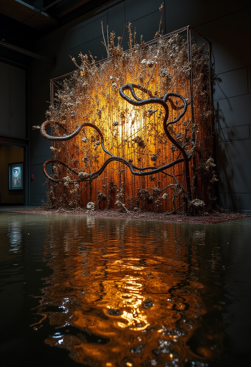an artwork with a dramatic, hyper-realistic, wet background in an unreal environment. The artwork contains reflective light, interesting elements and is a sculpture and installation by El Anatsui. The theme of the image revolves around the juxtaposition of liquid and solid, natural and artificial, and light and dark, creating a wonderfully intricate composition. ,
