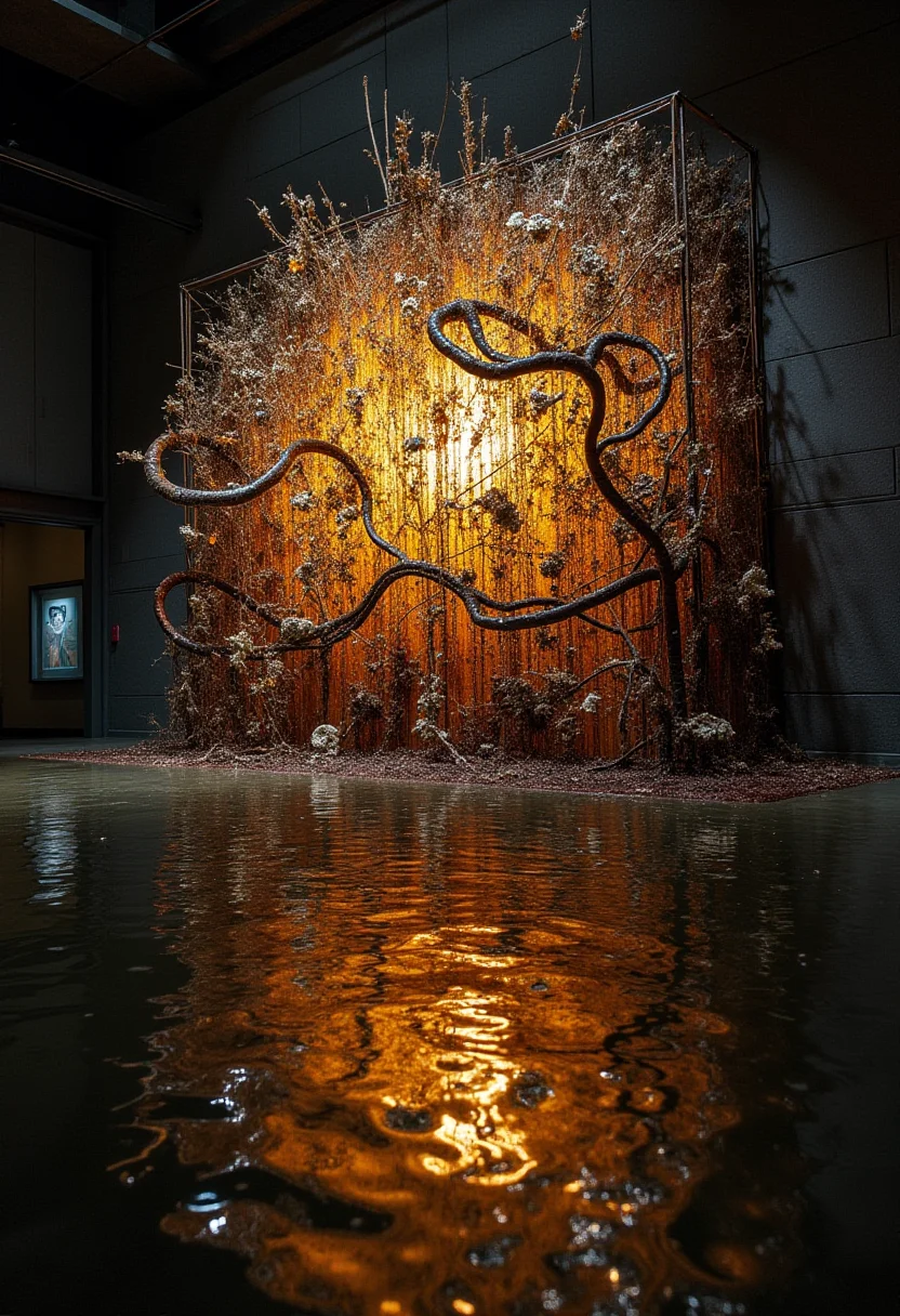 an artwork with a dramatic, hyper-realistic, wet background in an unreal environment. The artwork contains reflective light, interesting elements and is a sculpture and installation by El Anatsui. The theme of the image revolves around the juxtaposition of liquid and solid, natural and artificial, and light and dark, creating a wonderfully intricate composition. ,