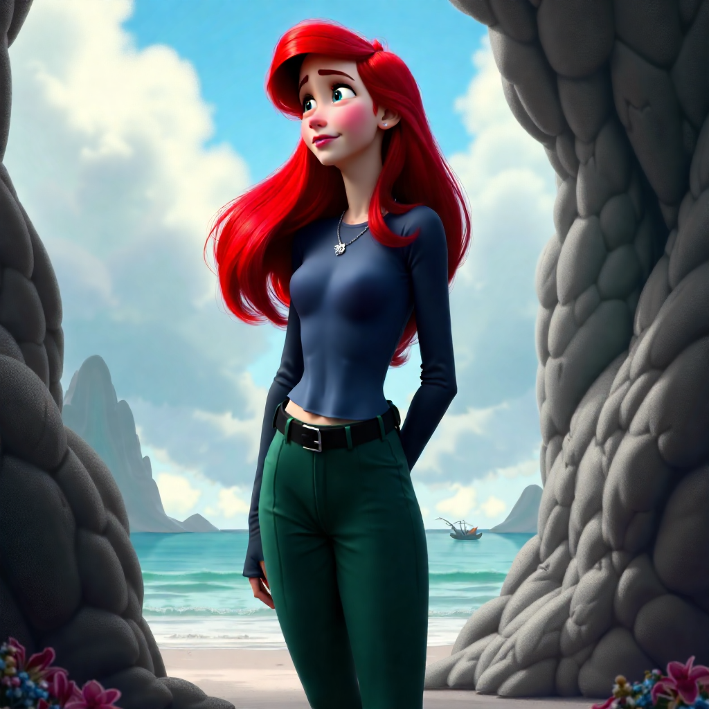 Ariel the Disney Princess in human street clothes, long sleeves, pants, long red hair, cute nose, pale skin, slim build. In an intriguing scene, a beautiful dreamy landscape, realistic, oil painting, by Stanley Artgerm Lau, WLOP, black and white, smooth, 4K, HDR, trending on artstation, painting,