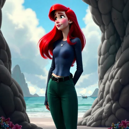 Ariel the Disney Princess in human street clothes, long sleeves, pants, long red hair, cute nose, pale skin, slim build. In an intriguing scene, a beautiful dreamy landscape, realistic, oil painting, by Stanley Artgerm Lau, WLOP, black and white, smooth, 4K, HDR, trending on artstation, painting,