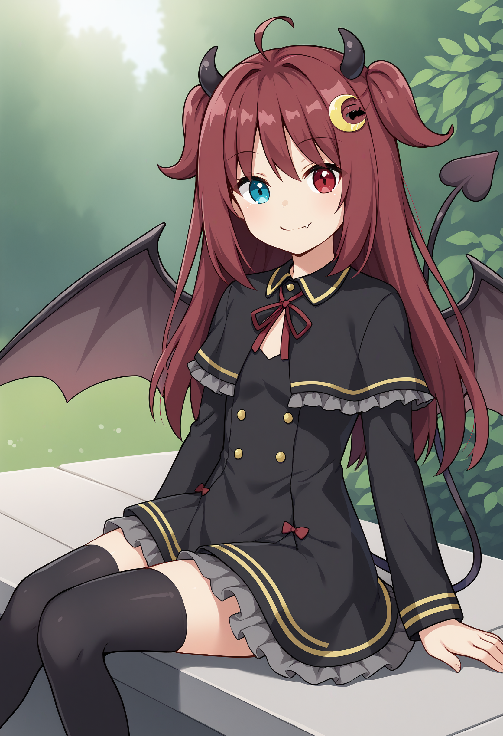 score_9, yr1, demon girl, blue eyes, red eyes, heterochromia, red hair, ahoge, two side up, long hair, crescent hair ornament, demon horn, fang, demon wings, brown wings, demon tail, red ribbon, neck ribbon, black dress, frilled dress, black capelet, frilled capelet, long sleeves, black thighhighs, sitting, wariza, smile, closed mouth, looking at viewer, outdoors<lora:YuzukiRoaXL-16:1>