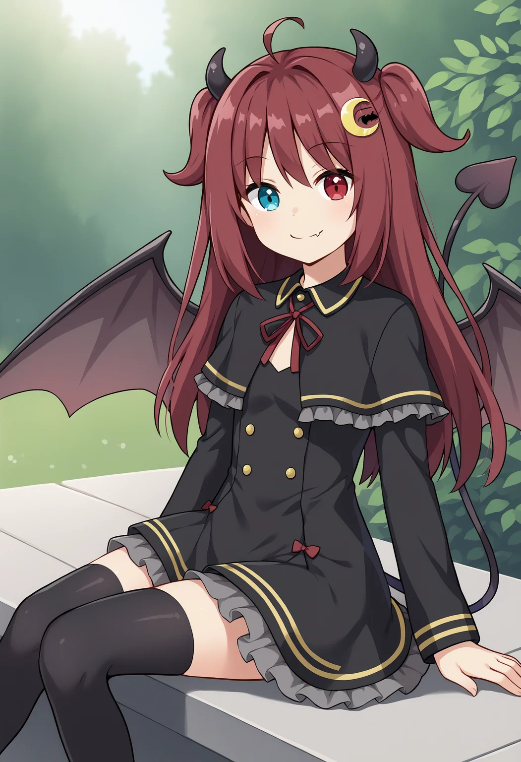 score_9, yr1, demon girl, blue eyes, red eyes, heterochromia, red hair, ahoge, two side up, long hair, crescent hair ornament, demon horn, fang, demon wings, brown wings, demon tail, red ribbon, neck ribbon, black dress, frilled dress, black capelet, frilled capelet, long sleeves, black thighhighs, sitting, wariza, smile, closed mouth, looking at viewer, outdoors<lora:YuzukiRoaXL-16:1>