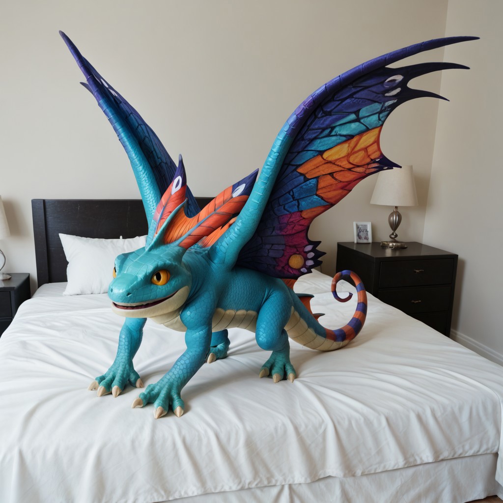 core_9, score_8_up, score_7_up, score_6_up, masterpiece, high quality, realistic, detailed, best quality, 1girl, solo, rating_safe, source_furry, bedroom, smiling, seductive, looking at viewer, negative_hand, full body, dragon, faerie dragon, scales, wings, tail, head feathers, colorful wings, feral, 1girl, female, claws, yellow sclera, flying above bed