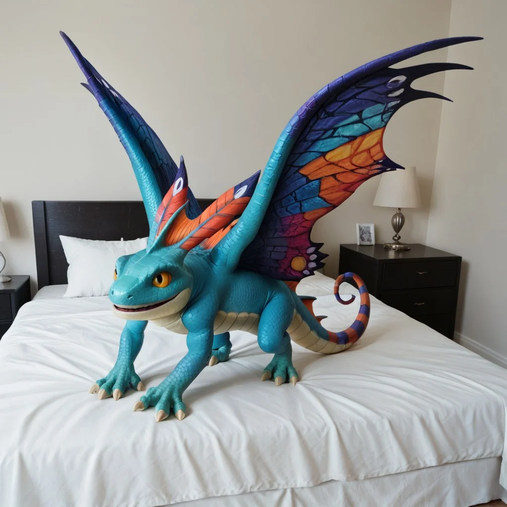 core_9, score_8_up, score_7_up, score_6_up, masterpiece, high quality, realistic, detailed, best quality, 1girl, solo, rating_safe, source_furry, bedroom, smiling, seductive, looking at viewer, negative_hand, full body, dragon, faerie dragon, scales, wings, tail, head feathers, colorful wings, feral, 1girl, female, claws, yellow sclera, flying above bed