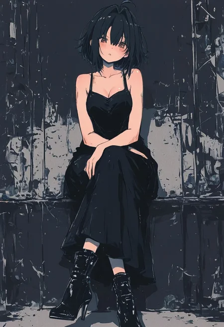 masterpiece, best quality, amazing quality, 1girl, solo, breasts, looking at viewer, short hair, black hair, dress, hair between eyes, cleavage, bare shoulders, sitting, medium breasts, brown eyes, collarbone, full body, ahoge, parted lips, boots, sleeveless, black footwear, black dress, high heels, bare arms, sleeveless dress, hair intakes, crossed legs, long dress, Karinami Inkblush mode,thick ink outlines,soft marker gradients,era 2020s indie illustration,Inkblush style, grunge_anime_aesthetic <lora:noobai_ep11_stabilizer_v0.138_fp16:0.3> <lora:XXX667:0.6> <lora:96YOTTEA-WAI:0.6> <lora:grunge_anime_aesthetic_illustriousXL-000027:0.7> <lora:Karinami_Inkblush_mode_Illustrious_clean:0.5>