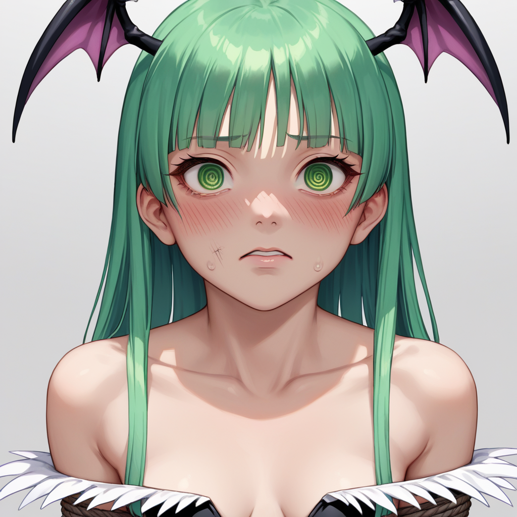 score_9, score_8_up, score_8, (source_anime), eyedetailxl, bettereyes, detailed_eyes, BREAK, Morrigan Aensland, restrained, bound wrists, blush, perfect face, 1woman, 22 years old, (bright_pupils), (ringed eyes), MorriganAe, hime_cut, emerald_green hair, green eyes, blunt bangs, close-up, focus on eyes, focus on face,