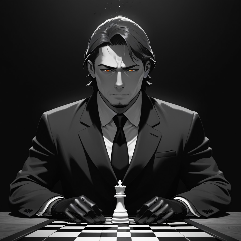 masterpiece, best quality, amazing quality, absurdres, newest, detailed background, definition so sharp, Ultra-HD, 8K cinematic, very awa, impressionate, amazing quality, highres, 
solo, male focus, manly, shadow, shiny skin,
shimonmakusu, shimon_brunette, shimon_orange eyes, 1boy, short hair, stubble, goatee, mature male, cold_expression, intense_gaze, mastermind, strategist, chess_board, gloves, suit, shadowed_face, calculating, observant, monochrome, sharp_focus, confident_pose, dark_academia