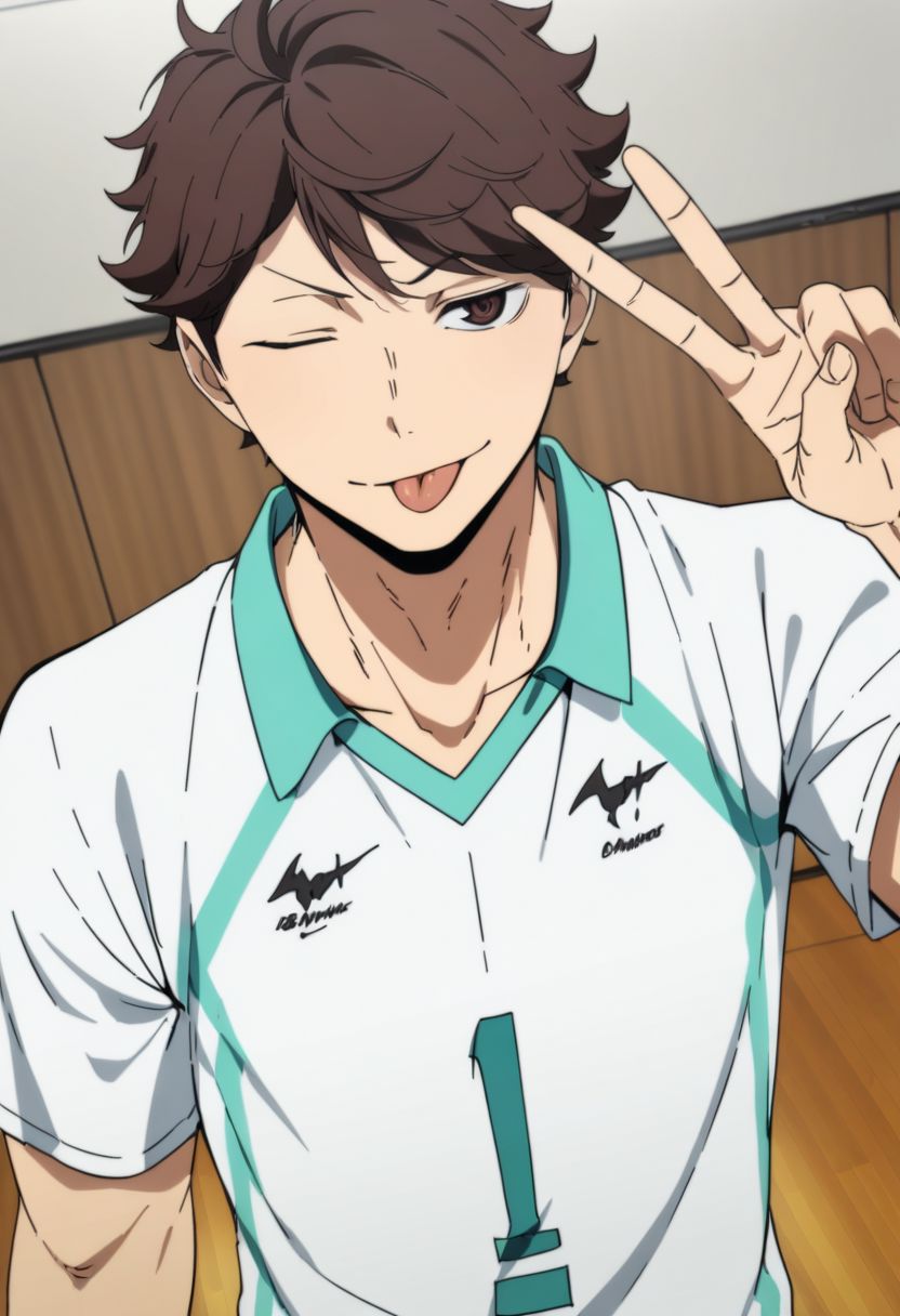 1boy, solo, male focus, oikawa_tooru, volleyball uniform, white shirt, short sleeves, upper body, tongue out, one eye closed, v, hand up, (SuperQuality), best quality, masterpiece