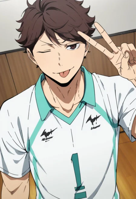 1boy, solo, male focus, oikawa_tooru, volleyball uniform, white shirt, short sleeves, upper body, tongue out, one eye closed, v, hand up, (SuperQuality), best quality, masterpiece