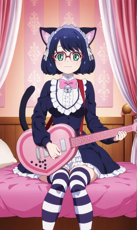 masterpiece, best quality, curvy, beautiful eyes, zzcyanhijirikawa, 1girl, solo, looking_at_viewer, glasses, semi-rimless_eyewear, instrument, guitar, over-rim_eyewear, red-framed_eyewear, green_eyes, striped_clothes, striped_thighhighs, :3, tail, sitting, thighhighs, bell, cat_tail, bedroom, on bed, bowtie, bow, black_hair, short_hair, pink_bow, pink_background, portrait, indoors, curtains, holding_instrument, blue_hair, dress, bowtie, fashion,